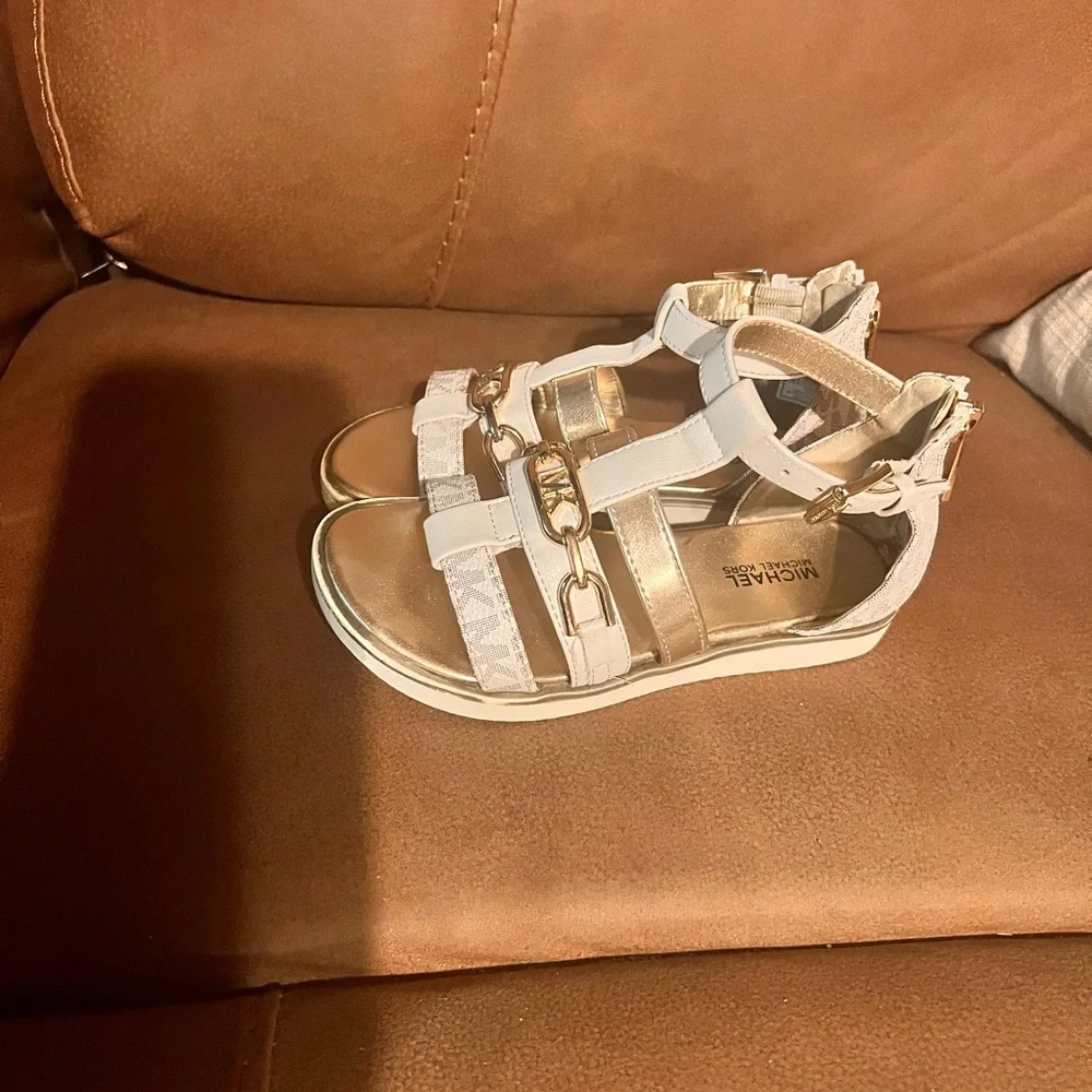 MICHAEL Michael Kors White and Gold Logo Strappy Sandals